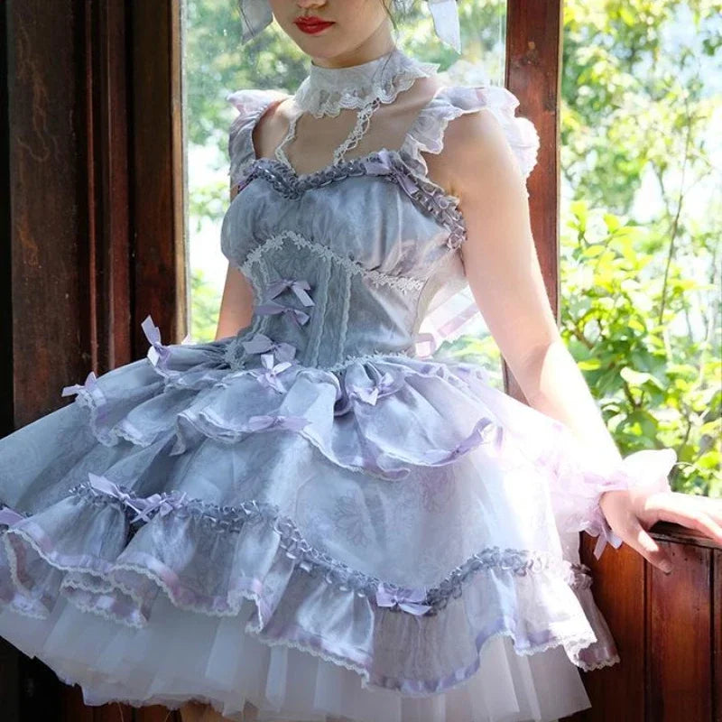 pantsparadises DRESS TO IMPRESS Sweet Girls Lolita Jsk Dress Women Vintage Y2k Bow Ruffle Flyling Sleeve Party Princess Dresses Japanese Fairy Ballet Mini Dress