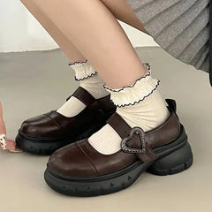 pantsparadises Chunky Loafers Shoes autumn Women Japanese Style Slip On brown Lolita Shoes Women Fashion Thick Sole Round Toe Uniform Shoe