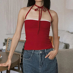 pantsparadises Fashion Red Lace Trim Folds Skinny Halter Top Summer Backless Off Shoulder Y2K Holidays Crop Top Sexy Women's Clothes