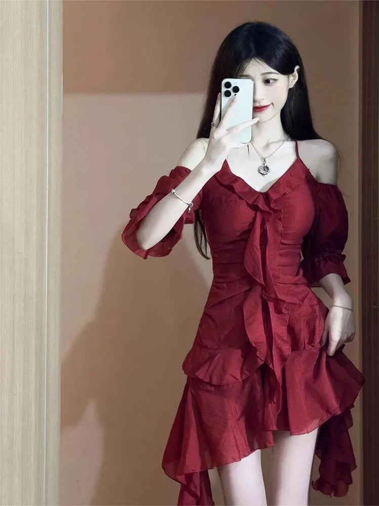 pantsparadises 2024 New Red French Elegant Y2k Mini Dress Even Party Short Sleeve Woman Vintage One Piece Dress Korean 90s Fashion Summer Chics