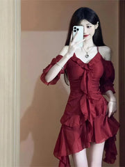 pantsparadises 2024 New Red French Elegant Y2k Mini Dress Even Party Short Sleeve Woman Vintage One Piece Dress Korean 90s Fashion Summer Chics