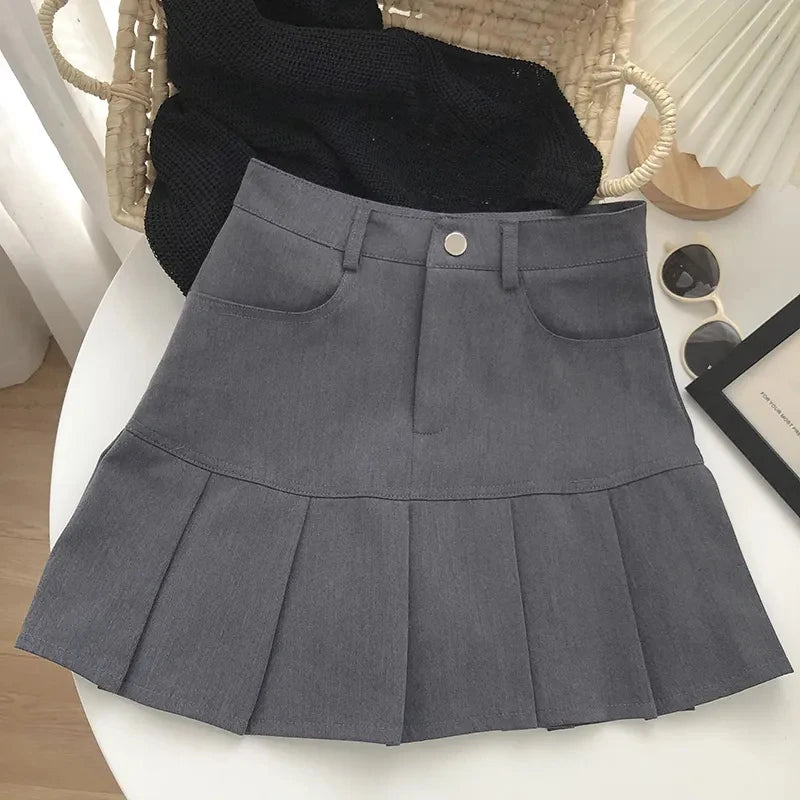 pantsparadises Women Sweet Mini Skirt Korean Preppy Style High Waist Folds Female A Line Skirt Y2K Summer Patchwork Pockets New Ladies Skirt