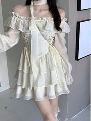 pantsparadises Summer Elegant Ruffles Fairy Dress Women Casual Sweet Lolita Party Dress Long Sleeve One Piece Dress Korean Female Fashion