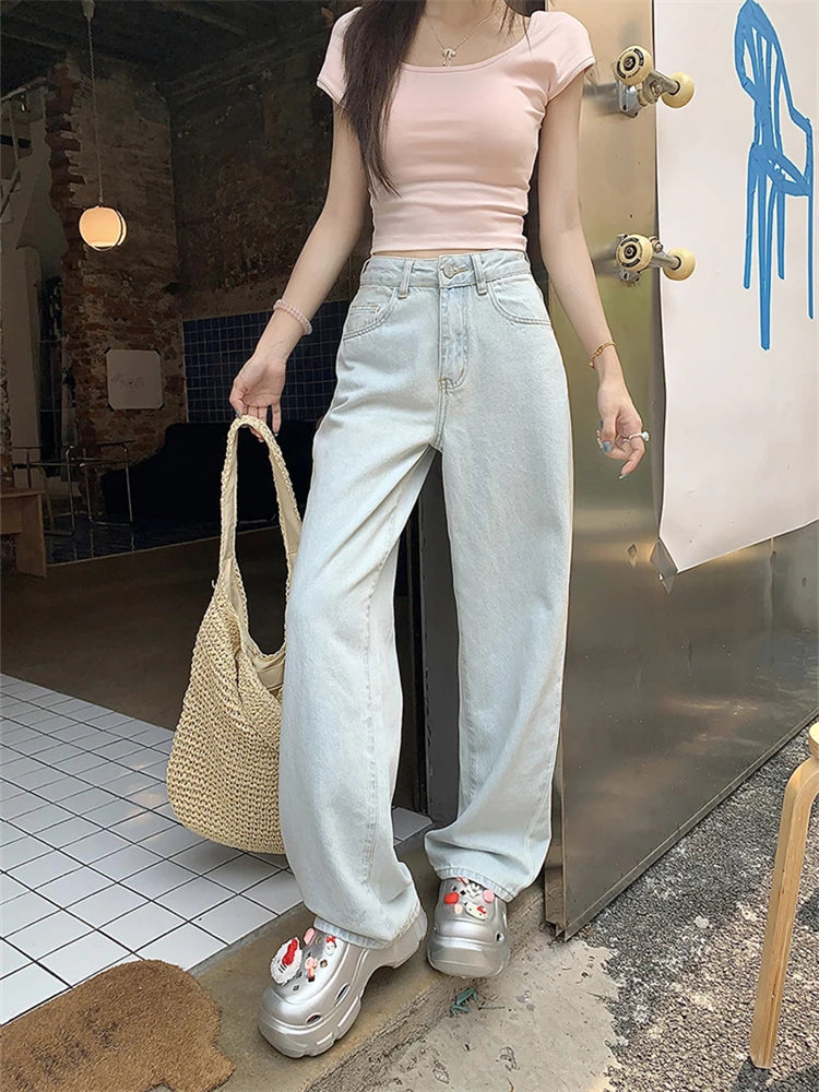 pantsparadises Women's Pink Bow Embroidered Light Blue Jeans Young Girl Street Straight Bottoms Vintage Casual Trousers Female Wide Leg Pants