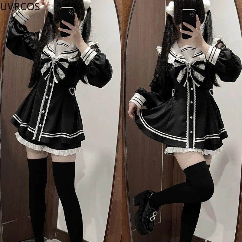 pantsparadises DRESS TO IMPRESS Japanese Style Gothic Y2k Lolita Bow Dress Shorts Set Women Vintage Sweet Long Sleeve Button Shirt Party Dresses Slim Mini Dress