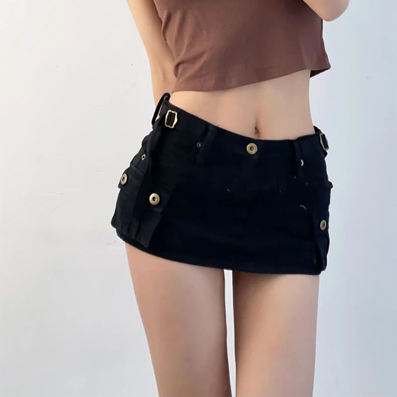 pantsparadises Denim Cargo Mini Skirt Women Korean Style Low Waist Slim Sexy Vintage Streetwear Green Jean Skirt Y2k Girl Summer