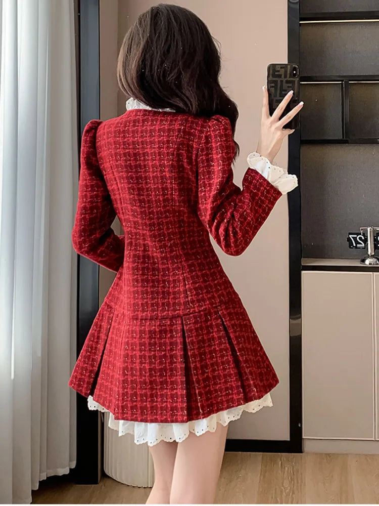 pantsparadises French Light Luxury Tweed Pleated Dress Korean Sweet Long Sleeve Heart-shaped Buckle Ruffle Chic Office Ladies Vintage Dresses