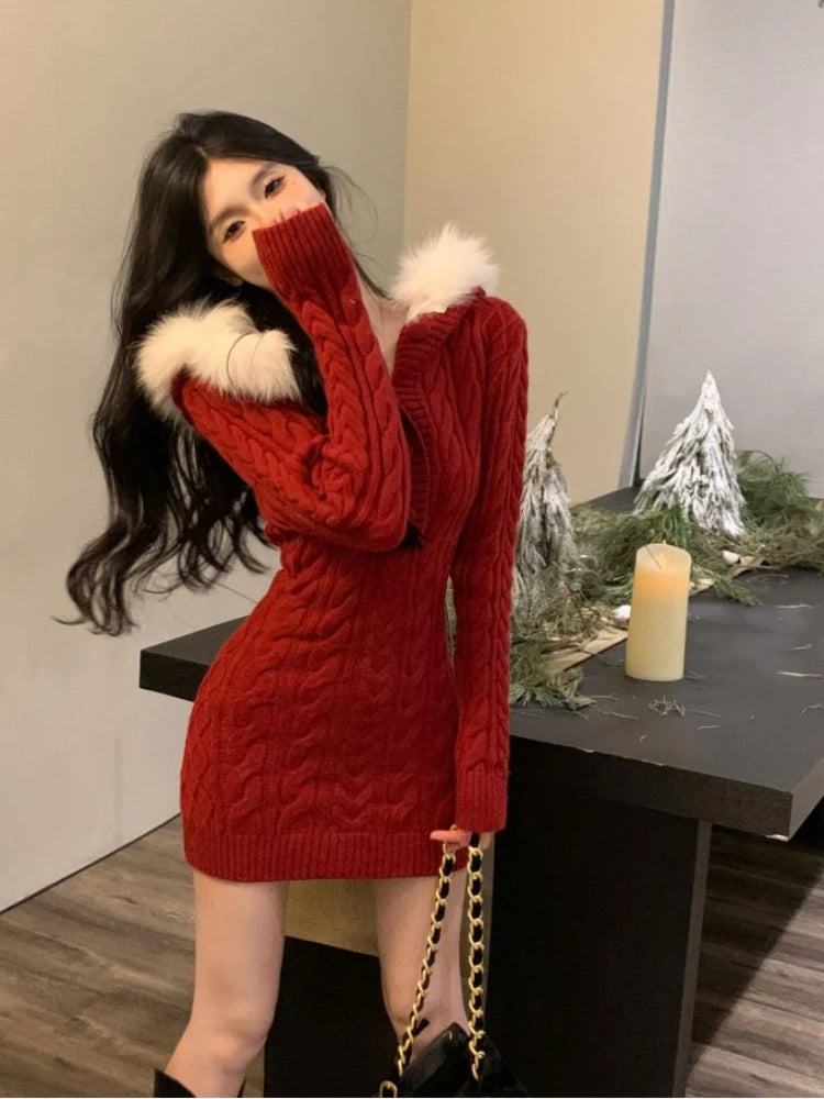 pantsparadises Winter Knitted Sweater Dress Hooded Women Slim Bodycon Y2k Mini Dress Faux Fur Female One Piece Dress Korean Elegant