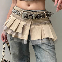 pantsparadises Fairycore Grunge A-line Cargo Skirt Khaki Low-waisted Mesh Patchwork Pleated Super-short Skirts Layering Bottoms Street