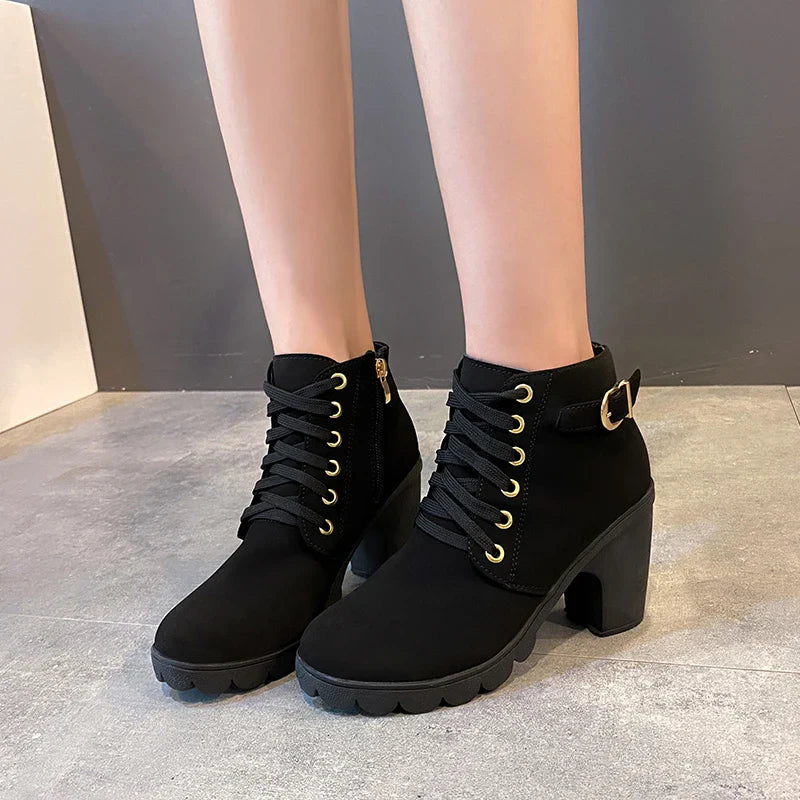 pantsparadises Boots Women Shoes Women Fashion High Heel Lace Up Ankle Boots Ladies Buckle Platform Artificial Leather Shoes bota feminina