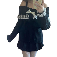 Pretty Cute Outfits Harajuku Cosplay Sweater Kawaii Lace Trim Off Shoulder Pullovers Y2K Aesthetic Vintage Long Sleeve Jumpers