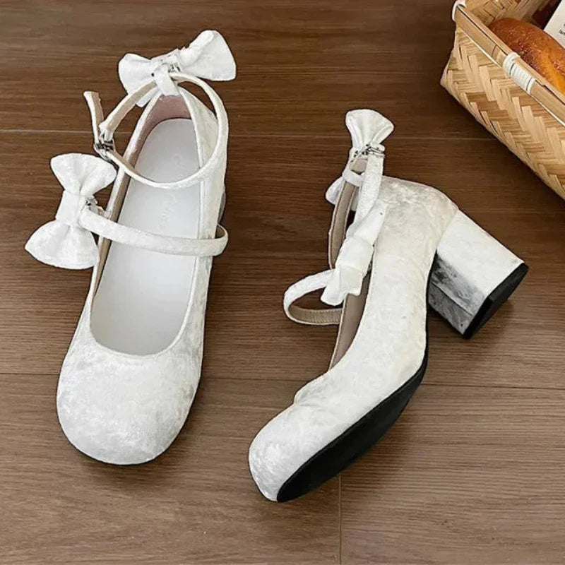 pantsparadises High heeled Mary Jane shoes Women New French Velvet Thick Heel Pumps Female Square Heel Single Shoes White Party Sandals