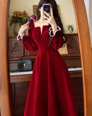 pantsparadises DRESS TO IMPRESS Women Vintage A-line Wedding Party Dress Autumn Fashion Elegant Long Sleeve Backless Red Vestidos Female Princess Robe Spring