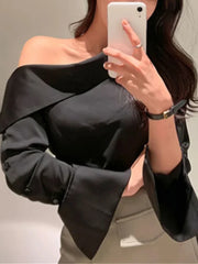 pantsparadises FALL OUTFITS Elegant Women Sexy Korean One Black Top Spring Summer Leisure Versatile Women's Off The Shoulder Long Sleeved White Blouses