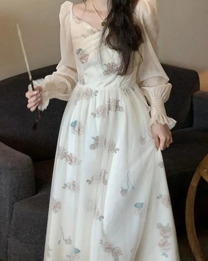 pantsparadises Mesh Vintage Long Sleeve Midi Dress Women Casual Korean V-neck Long Fairy Dresses Elegant Women's Dresses for Party 2024 Spring