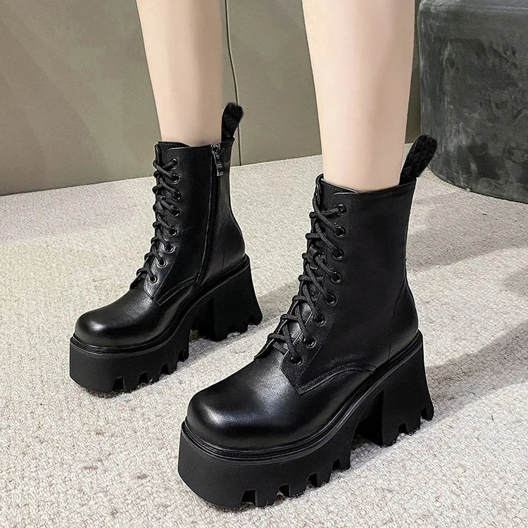 pantsparadises Punk Goth Ankle Boots Women Black Chunky Wedge Platform Shoes Woman Lace Autumn Patent Leather Footwear Lady Botas Mujer