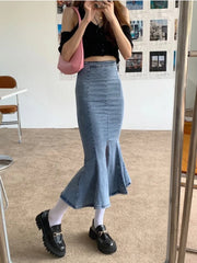 pantsparadises Denim Slit Long Skirt Women Korean Fashion Vintage High Waist Bodycon Ruffles Mermaid Midi Skirt Elegant Chic Summer