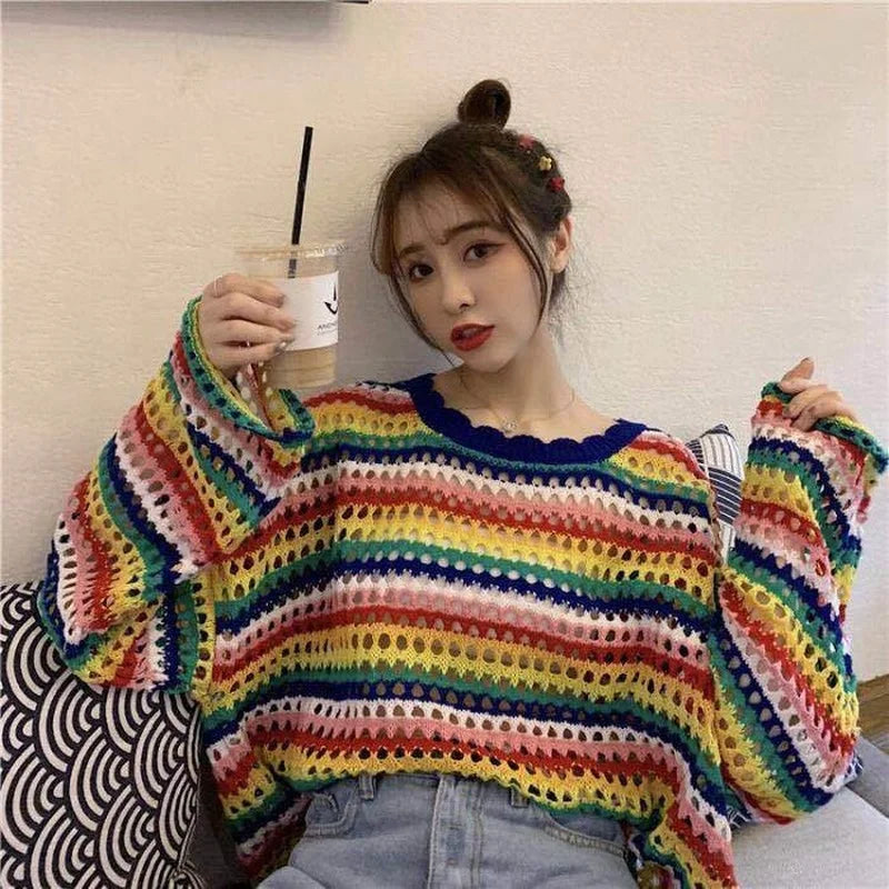 pantsparadises Rainbow Ladies Sweater Kawaii Tops with Headings Harajuku Crochet Knitted Sweaters for Women Cute Cashmere Autumn Trend New