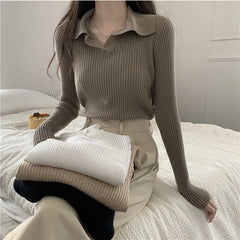 pantsparadises FALL OUTFITS Knitted T Shirts For Women Clothes Streetwear High Quality Clothing Womens Polo Neck Tee Shirt Aesthetic Hot Top Vintage Striped