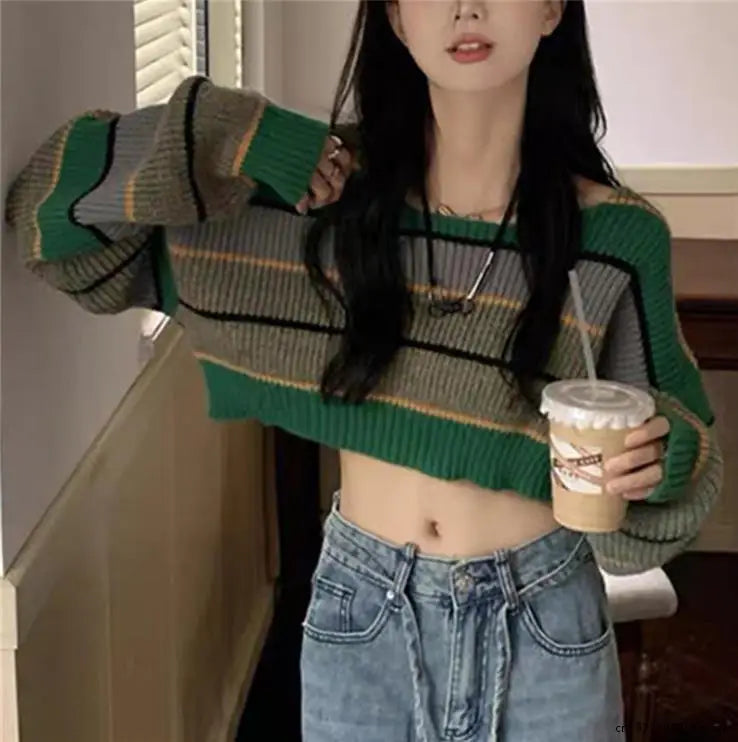 pantsparadises Women Fashion Cropped Sweater Sexy Tops Women Black White Striped Loose Pullover Knitted Sweater Fashion Jumper