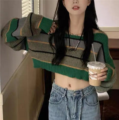 pantsparadises Women Fashion Cropped Sweater Sexy Tops Women Black White Striped Loose Pullover Knitted Sweater Fashion Jumper