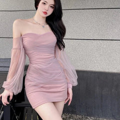 pantsparadises French Sexy Halter Mesh Party Strapless Dress Women Spring Elegant Long Sleeve Slim Waist Wrapped Short Dresses Vestido