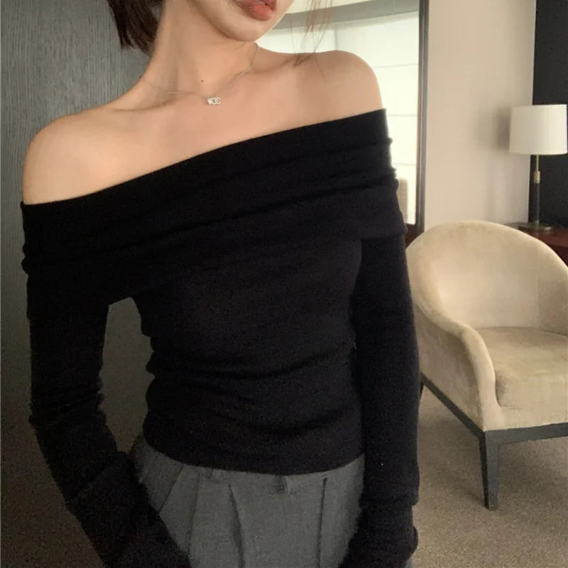 pantsparadises FALL OUTFITS Elegant Ribbed Solid Crop Top Women Autumn Winter Skinny Tops Off Shoulder Long Sleeve T Shirt French Basic Tight Black T-shirt