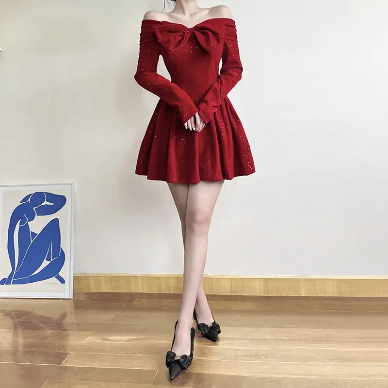 pantsparadises NEW YEAR DRESS Holiday Christmas Bow Velvet A-Line Red Dress Slim Slash Neck Long Sleeve Mini Dresses For Women Autumn Winter Lady