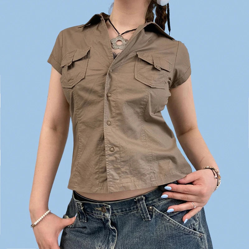 pantsparadises Women Khaki Safari Shirts with Pocket Casual Short Sleeve Work Tshirt Vintage Street Outfits Button Up Crop Tops