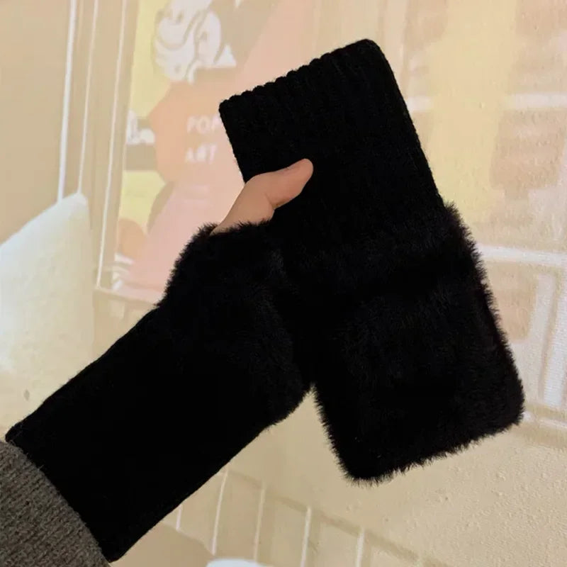 pantsparadises Mink Fleece Soft Winter Half Finger Gloves Women Warm Luxury Solid White Plush Knitted Fingerless Gloves Wrist Mittens Writting