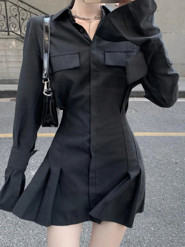 pantsparadises Black Shirt Dress Women Elegant Vintage Long Sleeve Dresses Sexy Gothic Pleated Streetwear Turn-down Collar Casual Robe