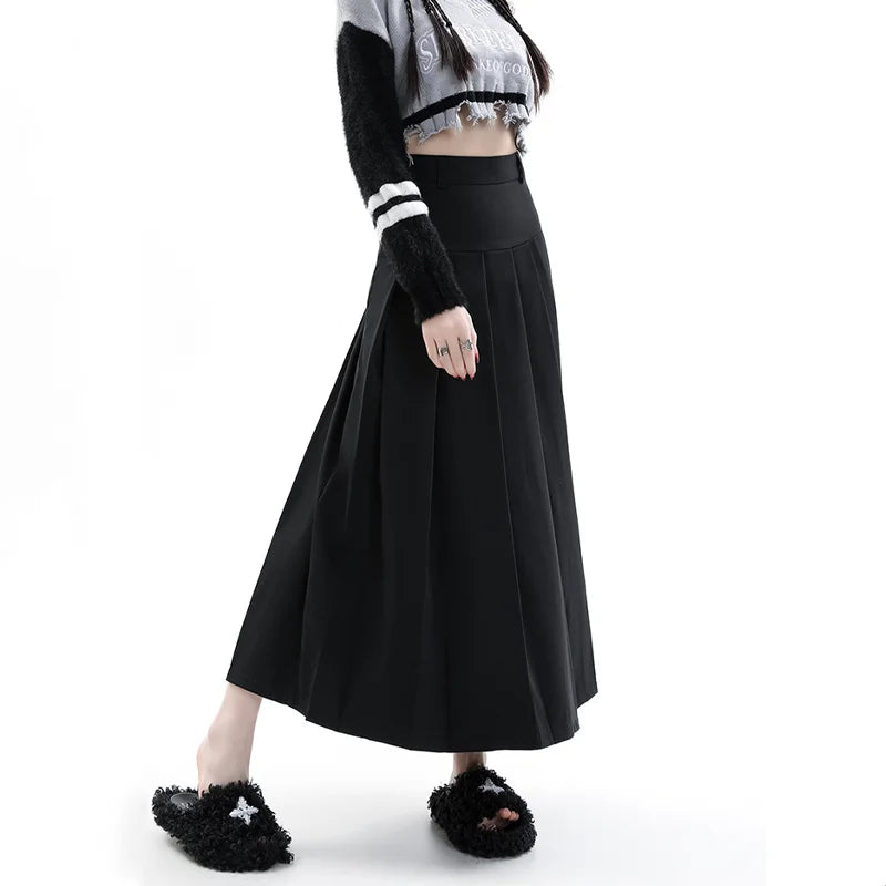 pantsparadises Vintage Grey Suit A-line Skirt Women's Spring Autumn College Style High Waist Pleated Mid Length Skirt Femal