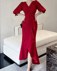 pantsparadises Elegant Midi Red Mermaid Dress Women Autumn Korean Sexy V-neck Irregular Sequins Dress Vintage Casual Evening Party Dress