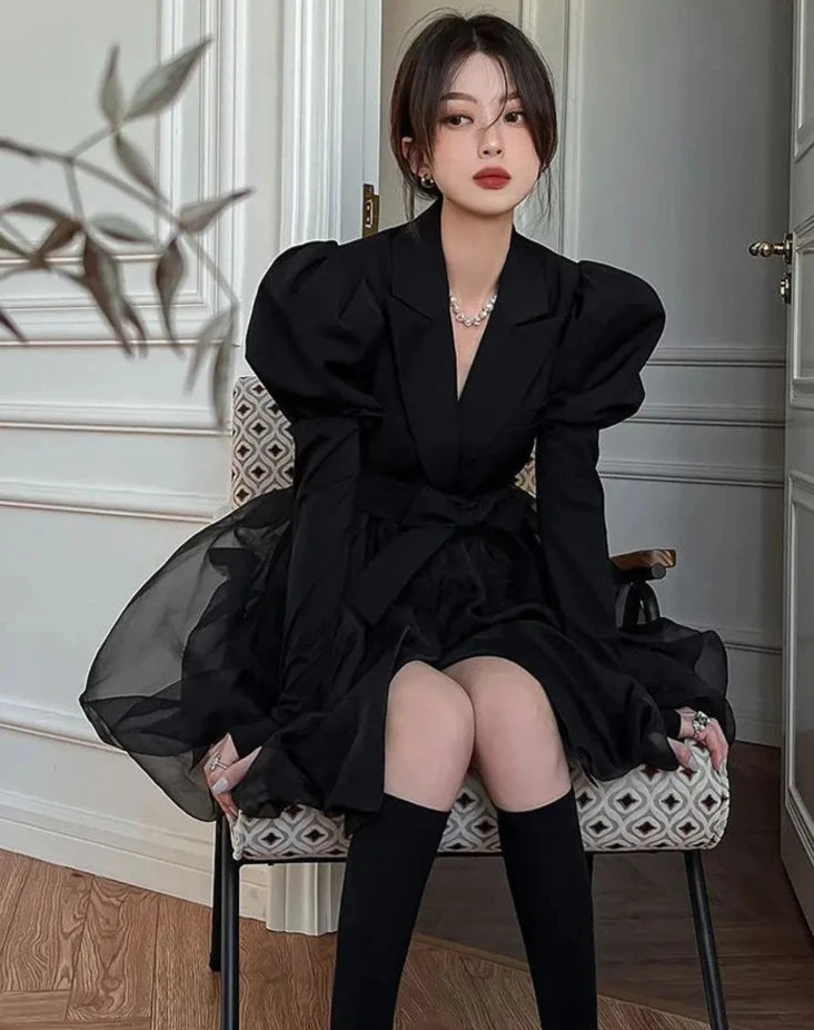 pantsparadises DRESS TO IMPRESS Korean Black Mini Blazer Dress Women Elegant Vintage Chic Mesh Design Y2k Dress Winter Casual Sash Evening Party Dress One Piece