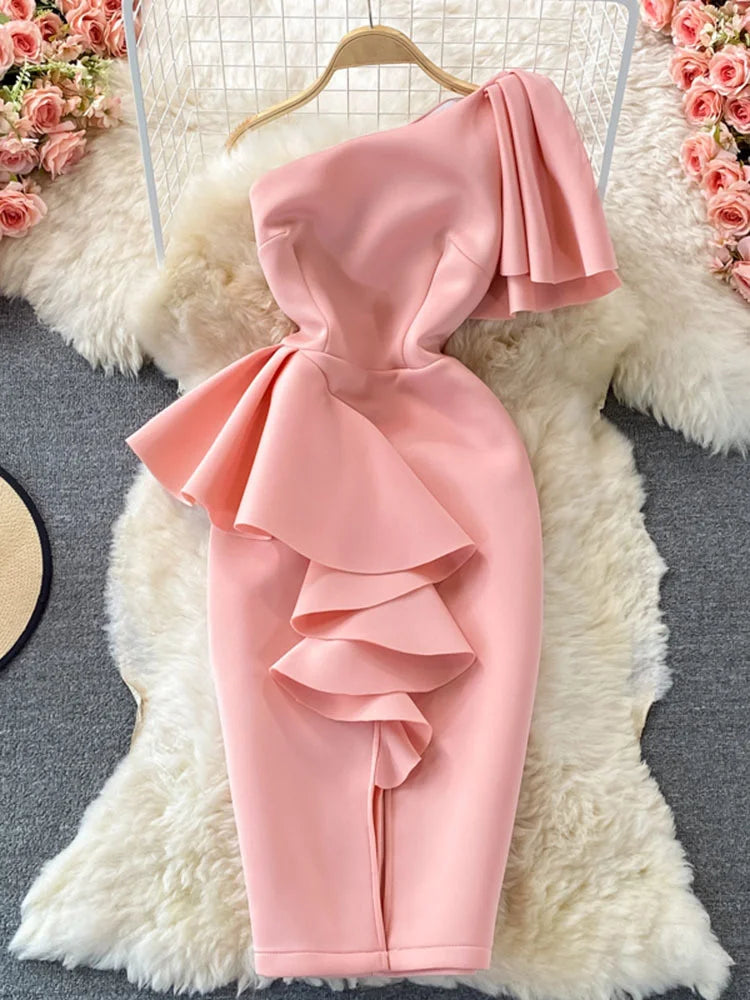 pantsparadises Christmas DRESS TO IMPRESS Sweet Style Y2K Long Dresse For Women Three-dimensional Ruffles Split Diagonal Collar Dresses Spring Summer New