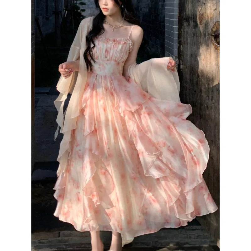 2 Piece Dress Sets Women Elegant Chiffon Summer Casual Slim Strap Dress + Fairy Cardigan Fashion Chic Vintage Suit Even Party