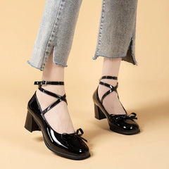 pantsparadises Black Retro Cross-Tie Pumps Casual Summer Round Toe Shoes Ladies Sweet Fashion Shoes Woman Bow Design