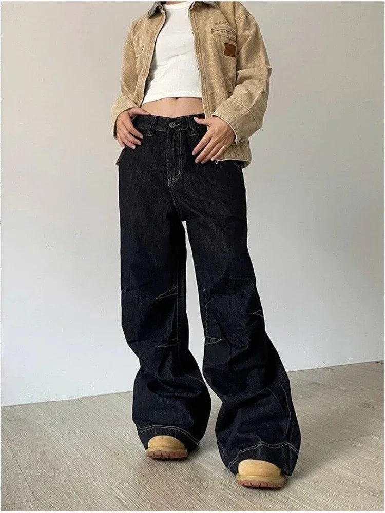 pantsparadises Grunge Black Jeans Women Y2k Vintage Oversized High Street Wide Cargo Denim Trousers Casual Baggy Straight Denim Pants