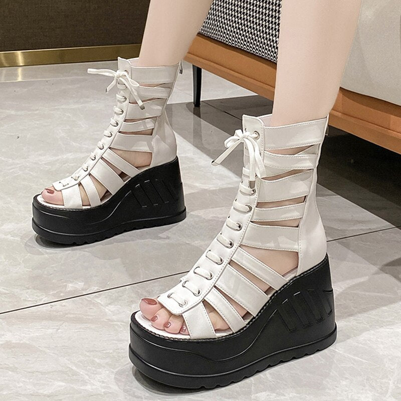 pantsparadises Gothic Chunky Platform Sandals Women Summer Punk Wedge High Heels Gladiator Shoes Woman Hollow Out Thick Bottom Sandalias