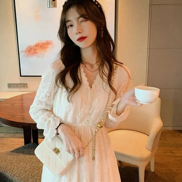 pantsparadises DRESS TO IMPRESS Lace Vintage Fairy Dress Women Elegant Flare Sleeve Korean Party Midi Dress Casual Office Lady Slim Y2k Kawaii Dress