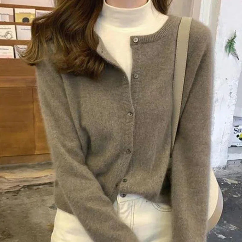 pantsparadises Cold Weather Outfits Fall Solid Color Knitted Cardigan Women Korean Single Breasted Long Sleeve Jumper Woman Round Neck All Match Sweater Outwear Top