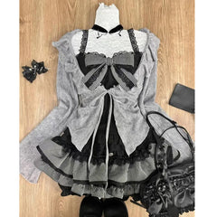 pantsparadises Sweet Bow Lolita 3 Pcs Set Swomen Autumn Lace Up Ruffles Cardigan Sexy Slim Strapless Vest Top High Waist Ruched Skirt Suit