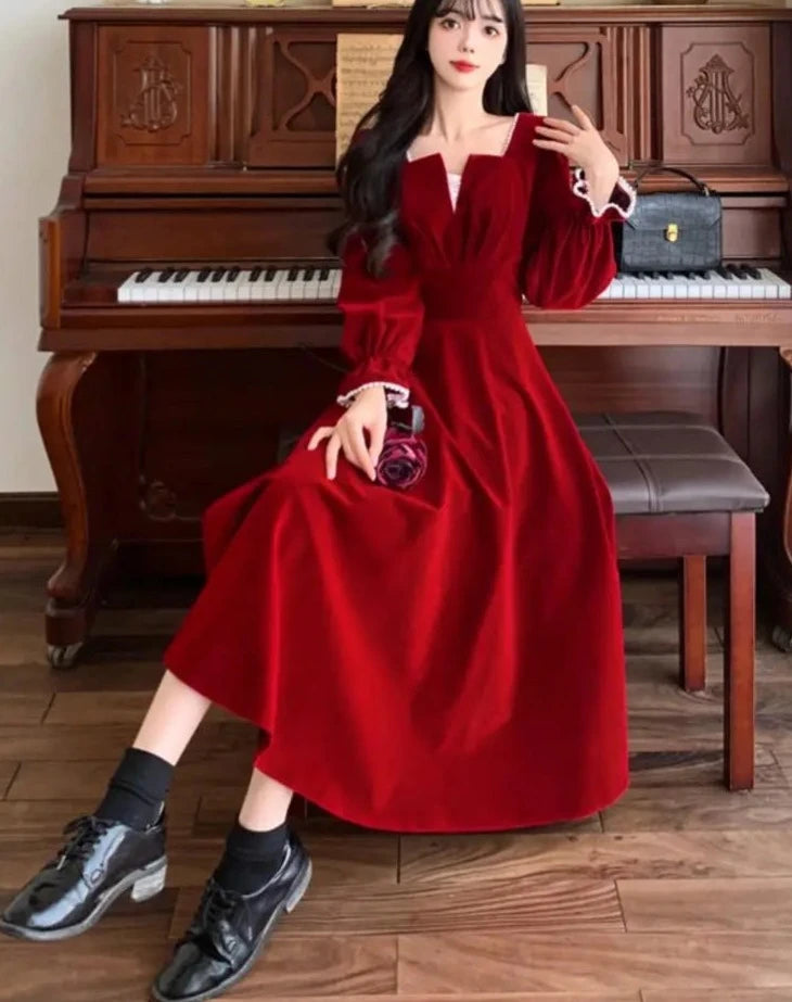 pantsparadises DRESS TO IMPRESS Women Vintage A-line Wedding Party Dress Autumn Fashion Elegant Long Sleeve Backless Red Vestidos Female Princess Robe Spring