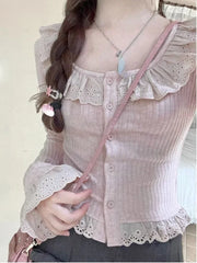 pantsparadises Winter Kawaii Lolita Blouse Women Lace Knit Korean Elegant Blouse Female Long Sleeve Japanese Casual Designer Tops New