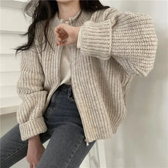 pantsparadises Autumn Women's Knitted Jacket New Korean Chic Casual Sweater Coat Solid Color Zipper Thick O Neck Cardigans Women