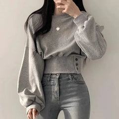 pantsparadises Korean Chic Autumn Round Neck Buckle Waist Slimming Long Sleeve Short Pullover Women Hoodie Top Gray Sweatshirt Women Clothing