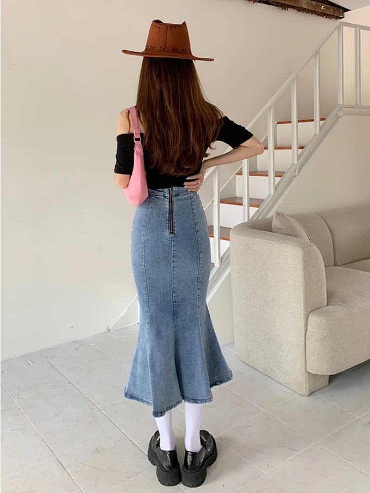 pantsparadises Denim Slit Long Skirt Women Korean Fashion Vintage High Waist Bodycon Ruffles Mermaid Midi Skirt Elegant Chic Summer