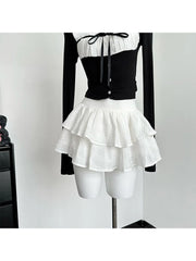 pantsparadises Sweet Romantic 2000s Aesthetics Fashion Gyaru Outfits 2 Piece Set Plaid Square Collar Crop Tops Lace Up + White A-Line Skirts