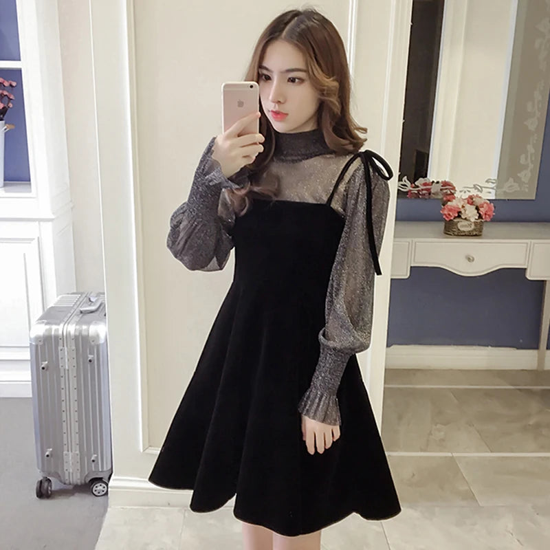 pantsparadises Spring New Elegant Two Piece Dress for Women Women Winter Korean A-Line O-Neck Tops and Black Sundress Streetwear Dress Vestidos