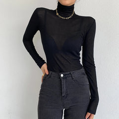 pantsparadises New Basic Turtleneck Long Sleeve Women T-shirt Autumn Winter Long Sleeve Slim Stretch Tops Ladies Sexy All-match Tees